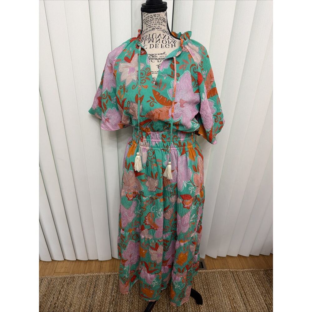 THML Green Floral Boho Maxi Dress W/Blooms Smock Waist Tassel Tie Size S - Picture 2 of 8